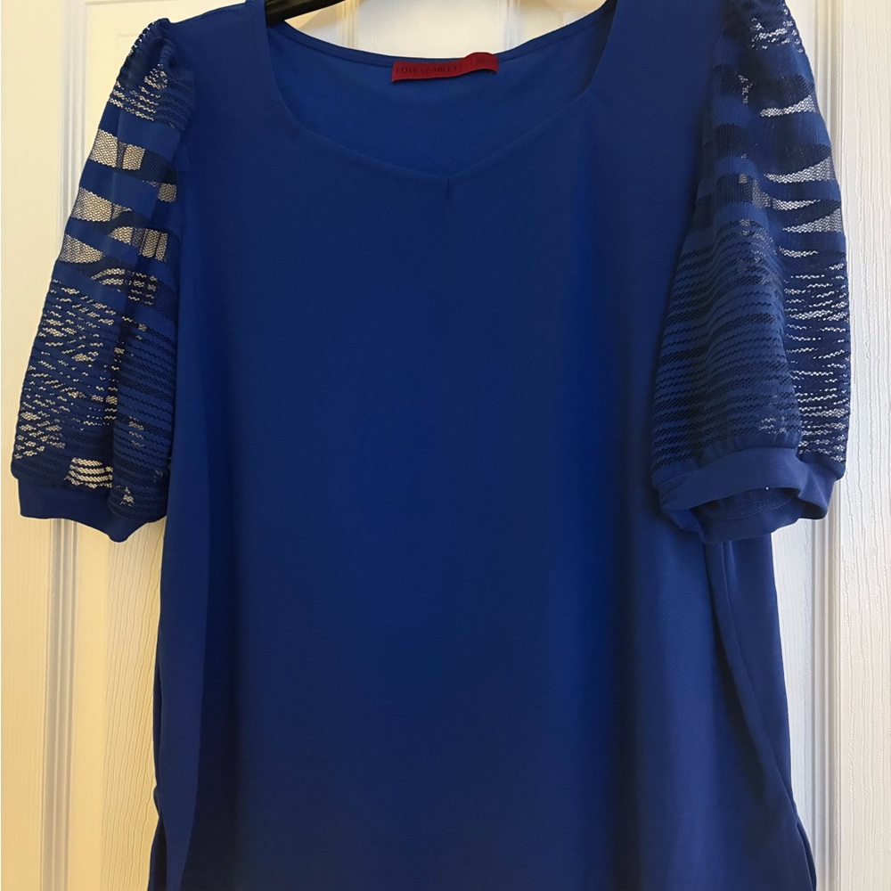 Elegant Blue Top with Lace Sleeves